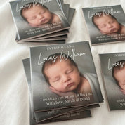 A set of custom baby announcement photo magnets 